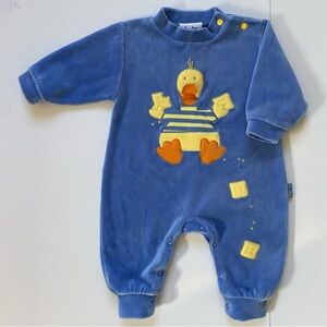 Le Top Romper Size 3 Months Velour Blue Ducky 3D Beak EUC Farm Pond Animals Snap